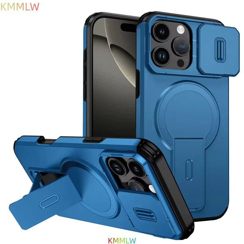 Lens Protect Camera Phone Case for iPhone 13 14 15 16 Pro Max 15Plus 16Plus 14Plus 16e 16 15 14 Pro 17 Magnetic Kickstand Cover