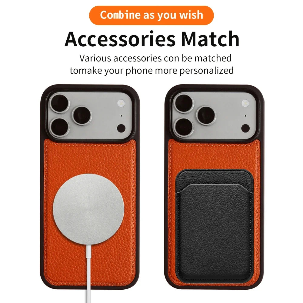 For Magsafe Lychee Genuine Leather Case For iphone 17 Pro Max 16 15 14 Air 17e 16e 11 12 13 Phone Case Magnetic Back Cover Coque