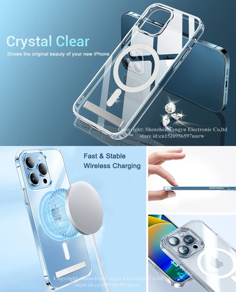 Clear Magnetic Phone Case with Kickstand for iPhone 17 Pro Max Air 16 15 14 Plus 13 12 11 Mini for Wireless Charging Back Cover