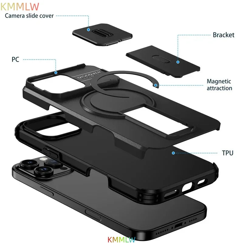 Lens Protect Camera Phone Case for iPhone 13 14 15 16 Pro Max 15Plus 16Plus 14Plus 16e 16 15 14 Pro 17 Magnetic Kickstand Cover