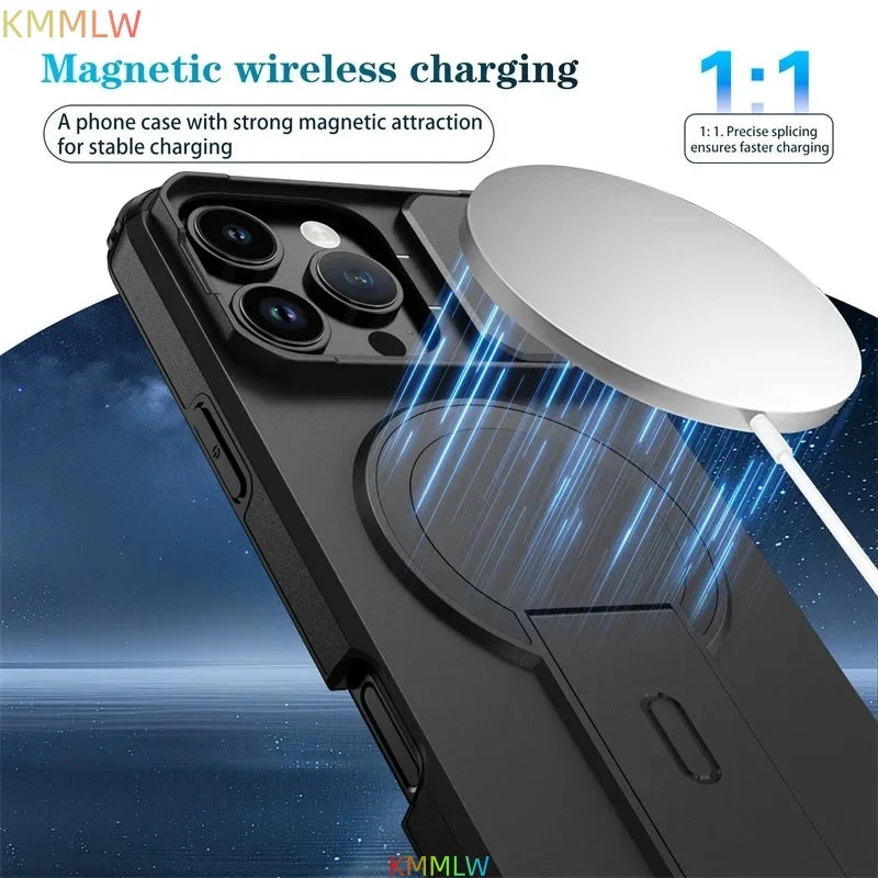 Lens Protect Camera Phone Case for iPhone 13 14 15 16 Pro Max 15Plus 16Plus 14Plus 16e 16 15 14 Pro 17 Magnetic Kickstand Cover