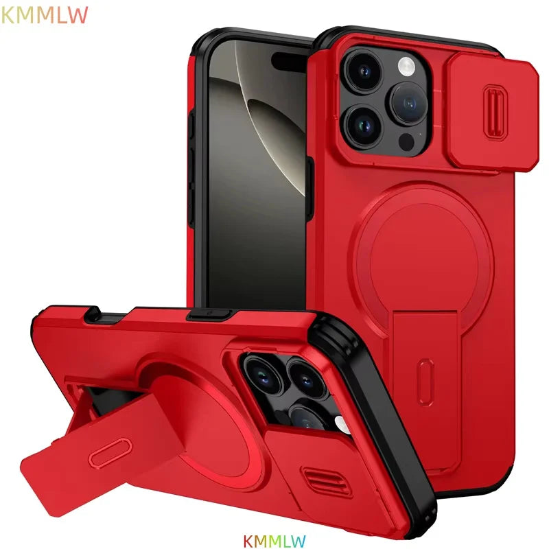 Lens Protect Camera Phone Case for iPhone 13 14 15 16 Pro Max 15Plus 16Plus 14Plus 16e 16 15 14 Pro 17 Magnetic Kickstand Cover